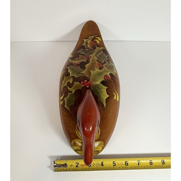VTG Wooden Duck Decoy Red Headed.‎ Handpainted Holly And Bow.  6”x 16” Aprox. - Picture 7 of 12